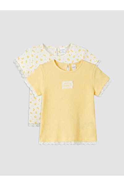 LC Waikiki Trendlucky Girls' Ribbed T-Shirt with Oval Collar, Pack of 2