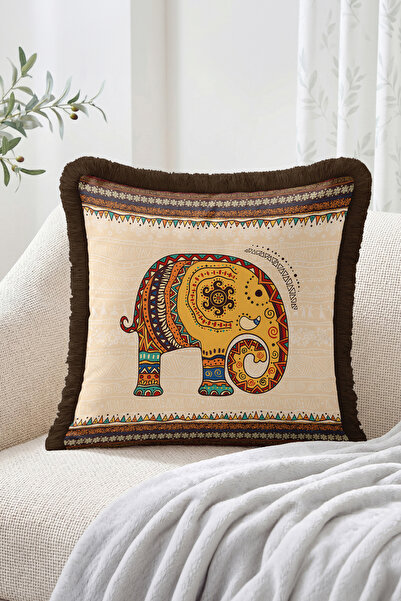 Realhomes Ethnic Elephant Figured Geometric Border Pattern Fringed Throw Pill...