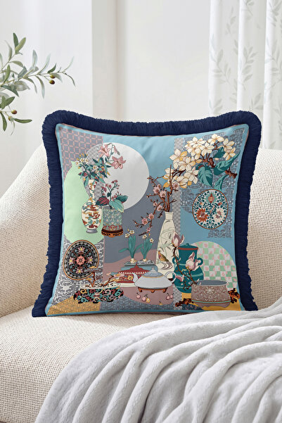 Realhomes Tile Motif Vase and Floral Pattern Fringed Throw Pillow Cover - Vin...