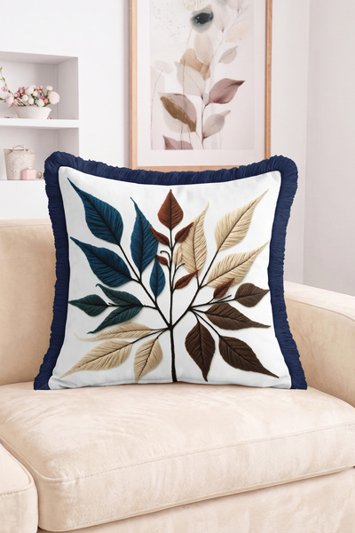 Realhomes Modern Design Fringed Throw Pillow Cover with Embossed Leaf and Bra...
