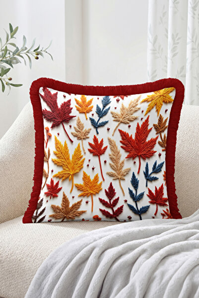 Realhomes Colorful Leaf Embroidery Look Patterned Fringed Throw Pillow Cover ...