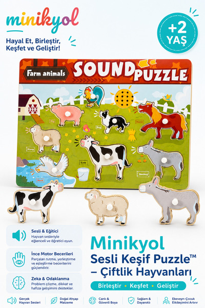 Sesli Keşif Puzzle™ – Çiftlik Hayvanları Puzzle Kulplu Ahşap Eğitici Yapboz ve Ses Eşleştirme Oyuncağı