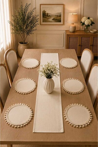 Luxoras Home Krem Runner 40x140 ve 6’lı Püsküllü Supla Amerikan Servis Seti -...