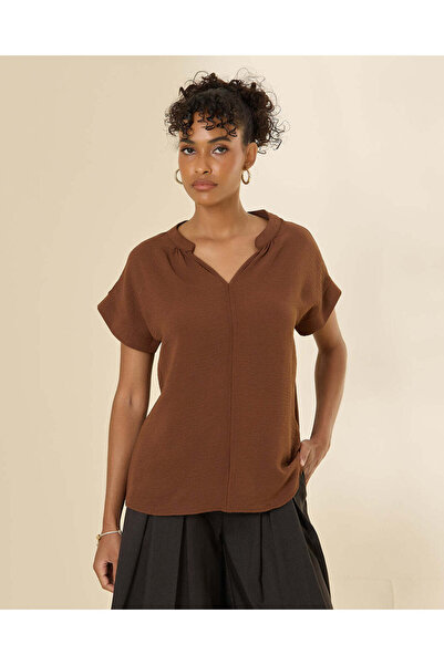 REDTAG Women Brown Split V-Neckline Top