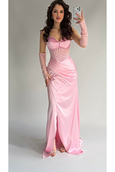 ayşenur Dinçer butik Gronland Eldivenli Abiye Pembe