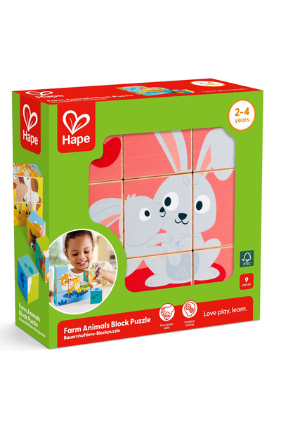 Hape Puzzle cub din lemn, Hape, Ferma, 9 piese