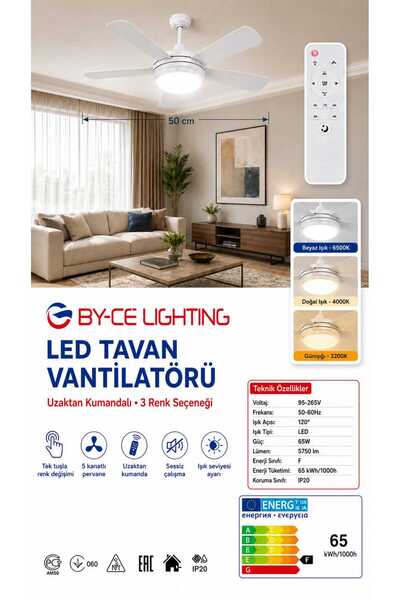 BY-CE LIGTINGH BY-CE Lighting 65W LED Tavan Vantilatörü, 5 Kanatlı Uzaktan Ku...