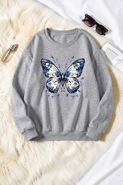 uyguntarz Unisex Patterned Butterfly Printed Crew Neck Sweatshirt