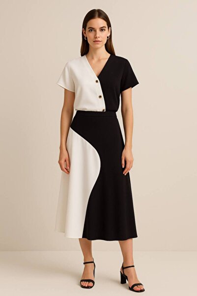 2TRENDY Women's Black White Two Tone Design Midi Skirt