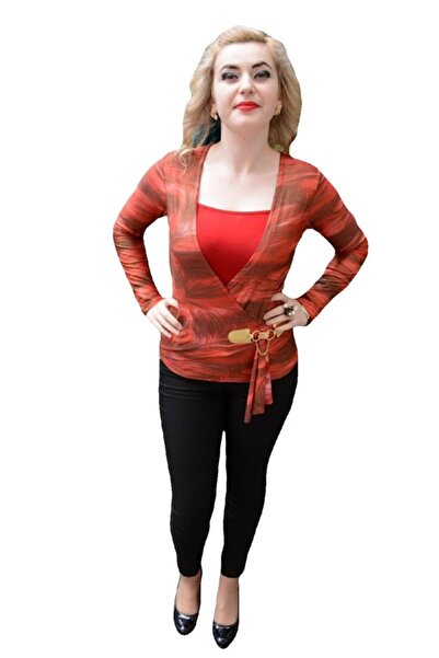 OEM Bluza rafinata de ocazie, rosie, maneca lunga, decolteu adanc