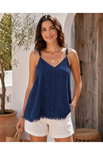 Butik Şans Women's V-Neck Adjustable Strap Tasseled Raw Edge Italian Linen Bl...