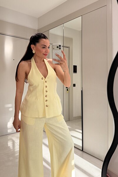 manana fashion طقم سترة وبنطلون من الكتان بتصميم هالتر