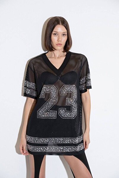 Kikiriki Taşlı File Tişört Oversize Spor Jersey