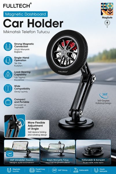 Fulltech MagSafe Uyumlu Manyetik Araç İçi Telefon Tutucu 360° Dönebilen Katla...