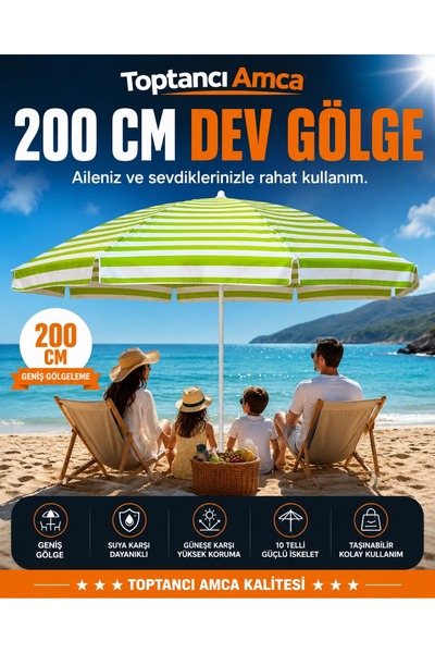 Toptancı Amca Plaj Şemsiyesi 200 CM 10 Telli Kalın Gabardin Kumaş Bahçe Şemsi...