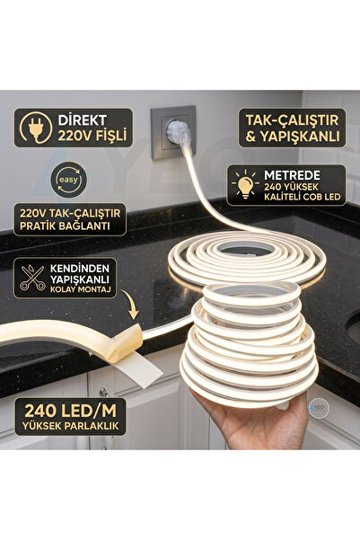 YEO AYDINLATMA 220V Fişli Günışığı(4000K) Kendinden Yapışkanlı Neon COB LED M...