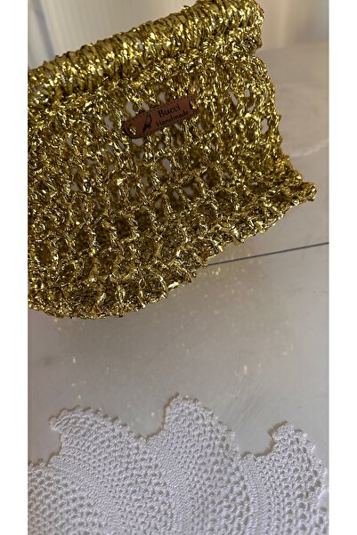 Bucci Handmade Kadın clutch çanta, portföy çanta, abiye çanta, el örgüsü çanta, gold çanta, altın renk çanta, el yapımı çanta, davet çantası, gece çantası, şık kadın çantası.
