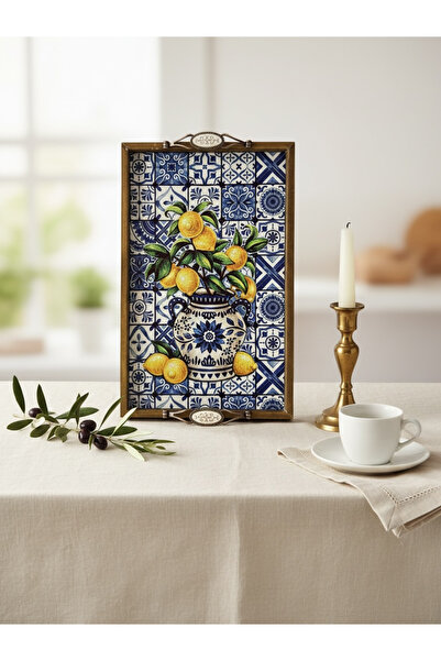 PorcelainAtelier El Yapımı Kütahya Çini Desenli Ahşap & Seramik Tepsi 42x28 c...