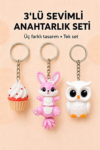 LINDES 3'lü Sevimli Figür Anahtarlık Seti - Cupcake, Pembe Tavşan ve Beyaz Ba...