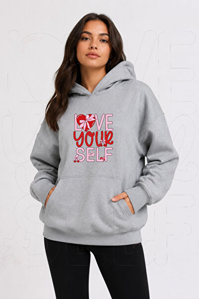 herkesemoda Hanorac cu glugă imprimat „Love Your Self” cu 2 fire, tip Rasteron