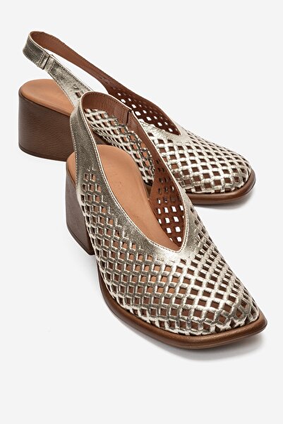 LuviShoes MONVERA Sandale de damă din piele naturală aurie, cu toc gros, tăia...