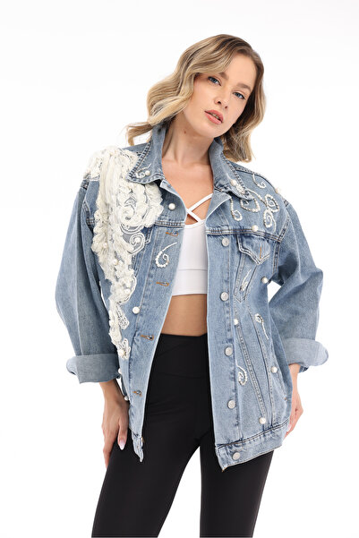 RENGARENG Kadın Tasarım Denim Ceket Pech İnci Taş İşleme Detaylı Mavi Oversiz...