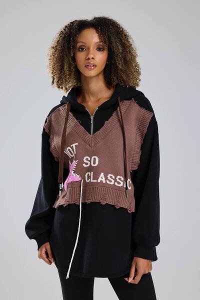 tw3 Kadın Önü Triko Detaylı Kapşonlu Oversize Tasarım Sweatshirt
