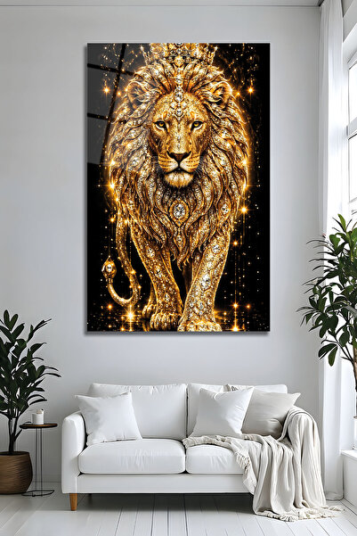 Parıltı Yayınları Leu încoronat cu aur, tablou din sticlă, decor modern și st...