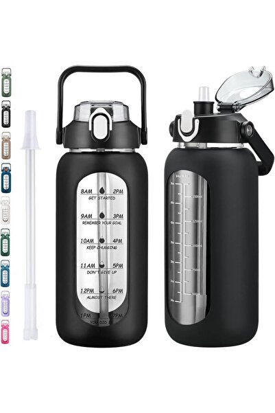 GENERAL 64oz Glass Water Bottles with Straw, Half Gallon Motivational Glass B...