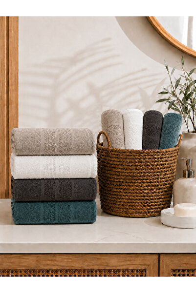 İQON 4-Piece Cotton Hand-Face Towel Set Beige- White- Black- Petrol (50X90 cm)