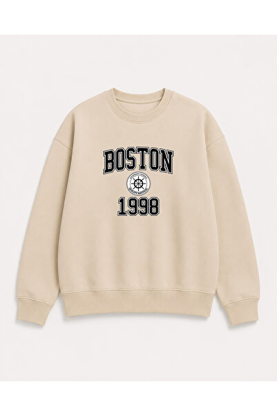 herkesemoda Boston Print Detailed Crew Neck 2 Thread Sweatshirt