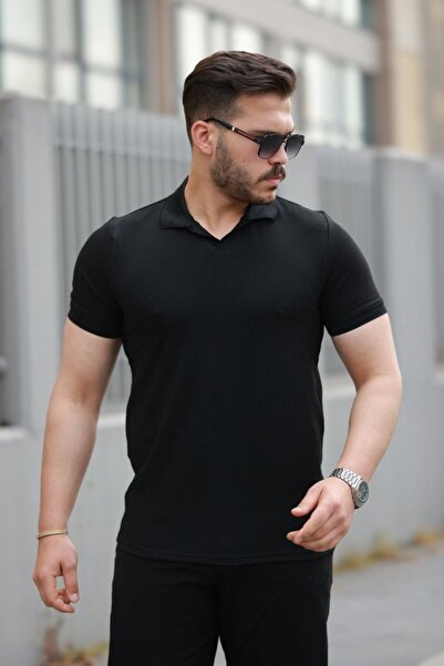 pazarella Men's Collared Waffle Textured Short Sleeve T-Shirt