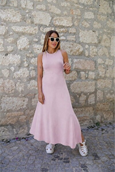 Simala Woman's back cross detail round neck maxi viscose dress