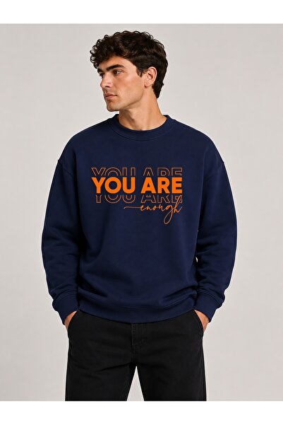 herkesemoda You Are Print Detailed Crew Neck 2 Thread Sweatshirt with Embroidery