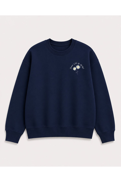 herkesemoda Daisy Print Detailed Crew Neck 2 Thread Sweatshirt