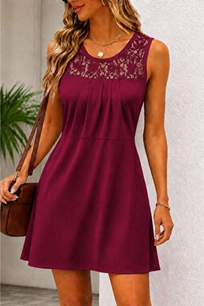 pazarella Women's round neck lace short viscose dress with straps
