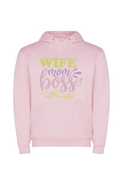 iLovePrints Wife, Mama, Boss Babe Φούτερ με κουκούλα σε χρώμα Ροζ