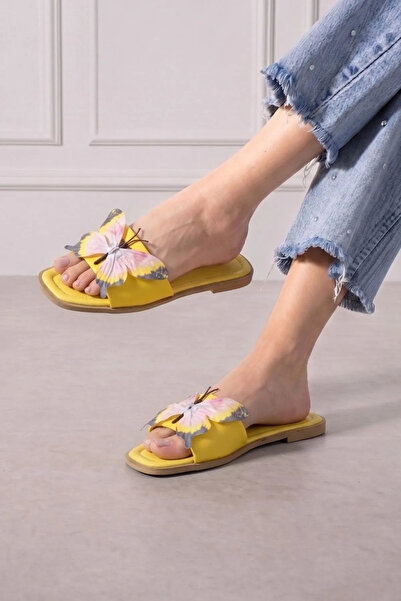 FUGA MODA Papillon Yellow Fabric Butterfly Detailed Slippers
