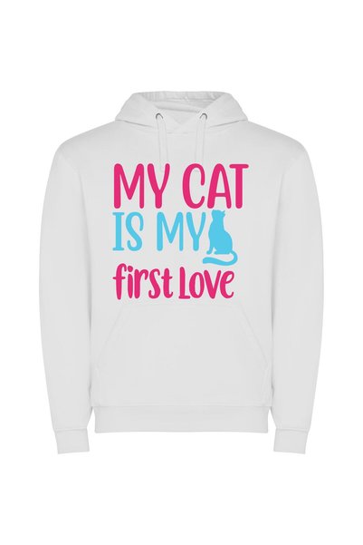 iLovePrints Feline Affection: My First Love Φούτερ με κουκούλα σε χρώμα Λευκό