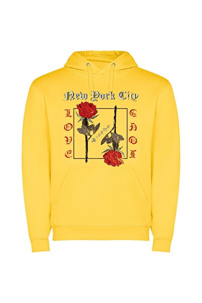 iLovePrints NYC Noir: Black Rose Φούτερ με κουκούλα σε χρώμα Κίτρινο