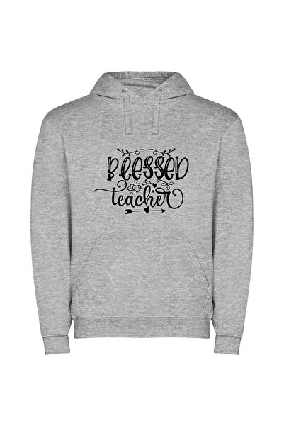 iLovePrints Blessed Teacher's Monochrome Print Φούτερ με κουκούλα σε χρώμα Γκρι