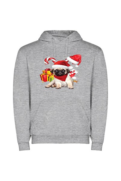 iLovePrints Festive Pug Fashion Φούτερ με κουκούλα σε χρώμα Γκρι