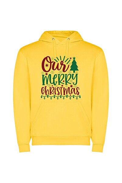 iLovePrints Merry ABCs: Festive Front-Facing Φούτερ με κουκούλα σε χρώμα Κίτρινο