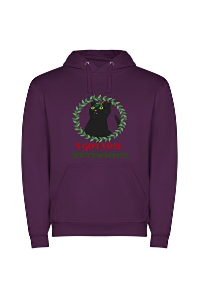 iLovePrints Cat's Elegance: Inspired Feline Φούτερ με κουκούλα σε χρώμα Μωβ