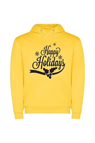 iLovePrints Festive Holly Wishes Φούτερ με κουκούλα σε χρώμα Κίτρινο