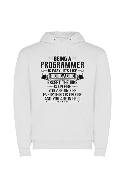 iLovePrints Bike on Fire: Programmer's Journey Φούτερ με κουκούλα σε χρώμα Λευκό