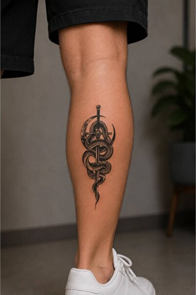 velcstudio Yılan ve Kılıç Figürlü Büyük Geçici Dövme Tattoo Gerçekçi Siyah Ko...