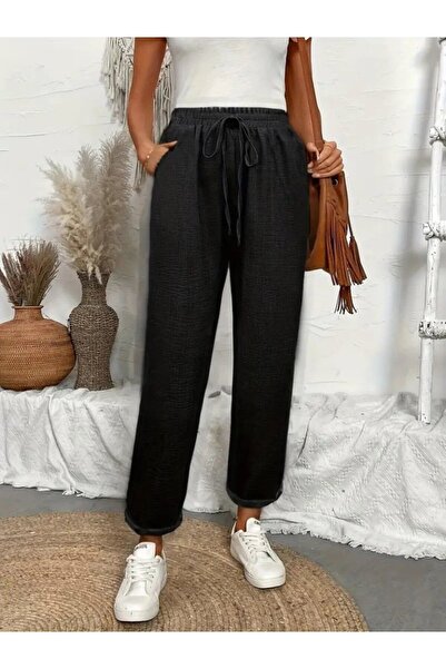pazarella Women's High Waist Elastic Waist Aerobin Trousers with Lacing Detail