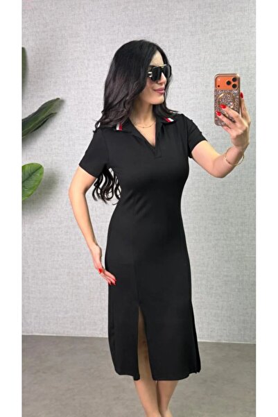 Simala Women's Polo Collar Double Slit Detail Modal Fabric Midi Length Dress