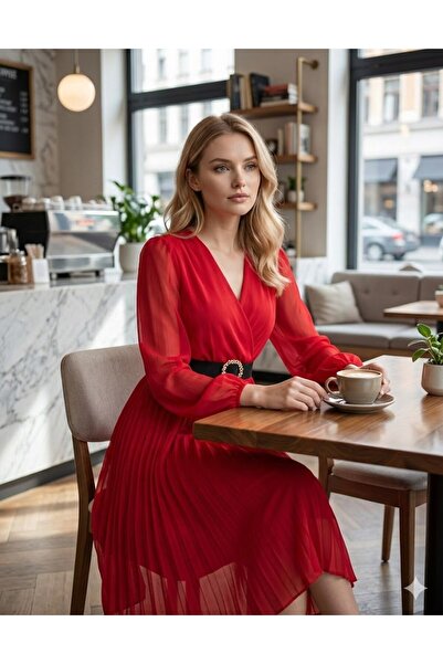 modi Women's Chiffon Fabric Flared Cut Double Breasted Collar Midi Length Dress
